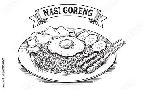 Indonesian nasi goreng fried rice with fried egg chicken satay skewers and crackers vintage engraving style.