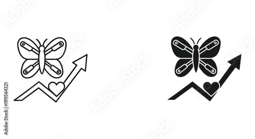 Hand drawn butterflies transformation growth vector illustration love arrows minimalist black white line art