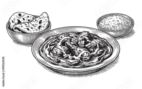 Spicy indian chicken curry served with naan bread and a bowl of rice in a vintage hand-drawn engraving style.