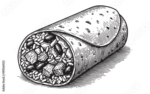 Large beef and black bean burrito wrap with rice and vegetables in a detailed vintage woodcut engraving style.