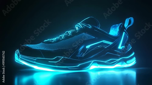 Futuristic glowing sneaker with neon blue light accents on a dark background.