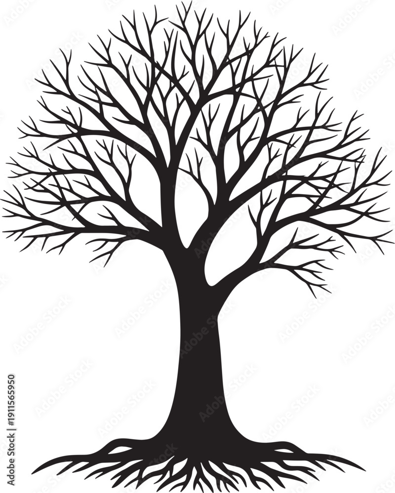Fototapeta premium Bare tree silhouette with exposed roots on transparent background
