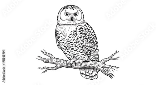 Owl illustration on branch with detailed feather patterns and piercing gaze featuring bird, wildlife, feathers with monochrome and line art elements for realistic, nature projects, clean composition