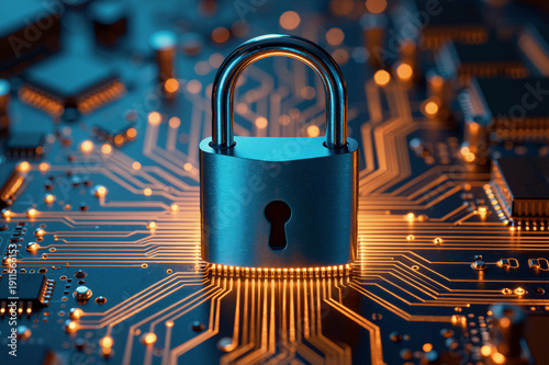Padlock glowing from beneath on a dark blue circuit board, wide shot digital illustration, for global network safety and cloud protection. Concept of advanced encryption and data sovereignty