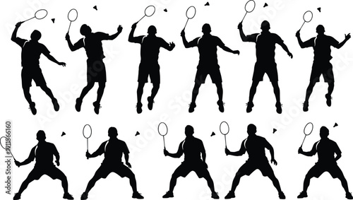 Professional black silhouettes of male badminton players in various action poses including jumping, smashing, and serving isolated on white background for competitive sports concepts.