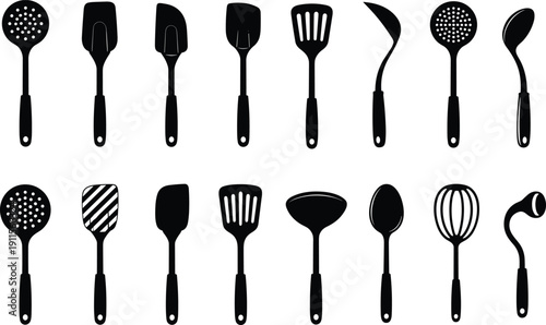 Professional black silhouettes of various kitchen utensils and cooking tools including spatulas, ladles, whisks, and skimmers isolated on white background for culinary and restaurant concepts.