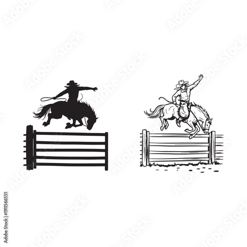 Cowboy Horse Jumping Fence Silhouette Vector Illustration