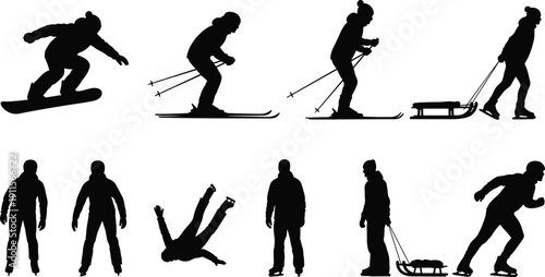 A collection of various winter sports silhouettes including skiing, snowboarding, ice skating, and sledding activities for seasonal outdoor recreation and cold weather athletic concepts.