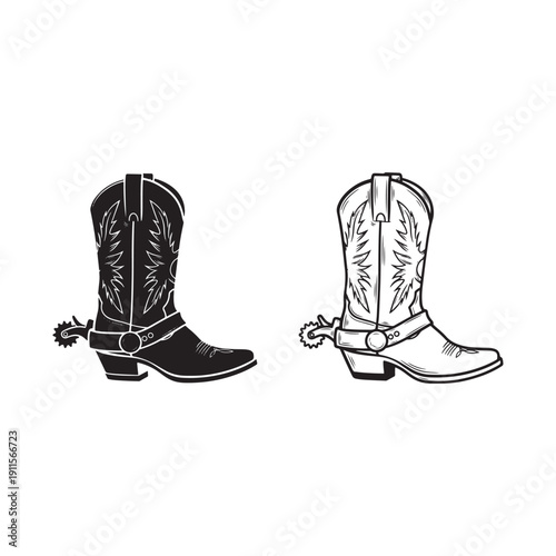 Cowboy Boots Black and White Vector Illustration