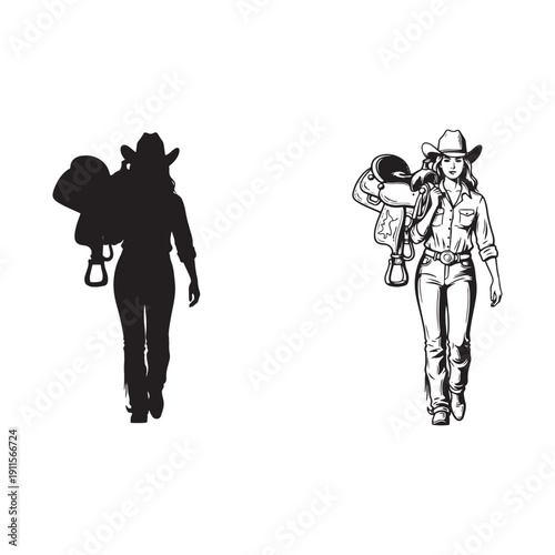 Cowgirl Carrying Saddle Vector Illustration