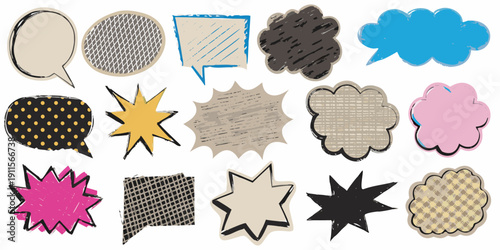 Collection of colorful speech bubbles and thought balloons with varied textures