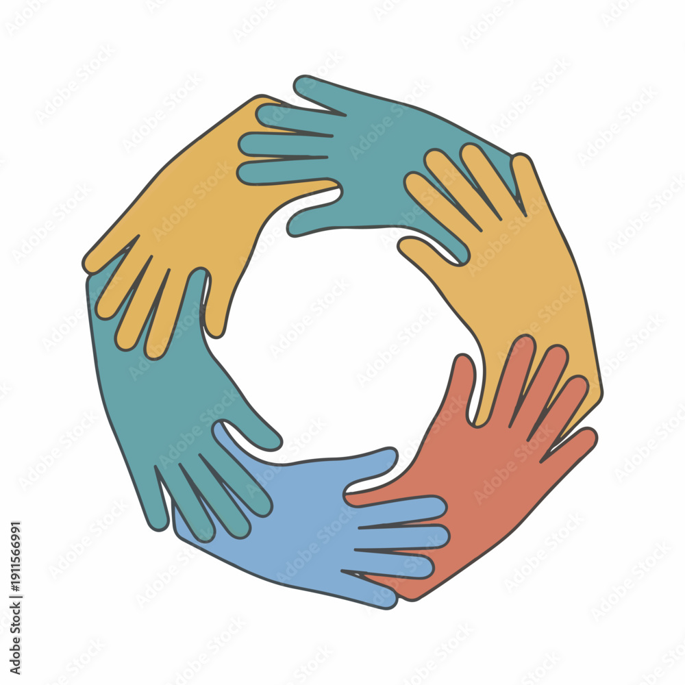 Obraz premium A digital illustration of four diverse hands forming a circle, representing human spirit and unity day. Perfect for teamwork concepts, presentations, and educational materials