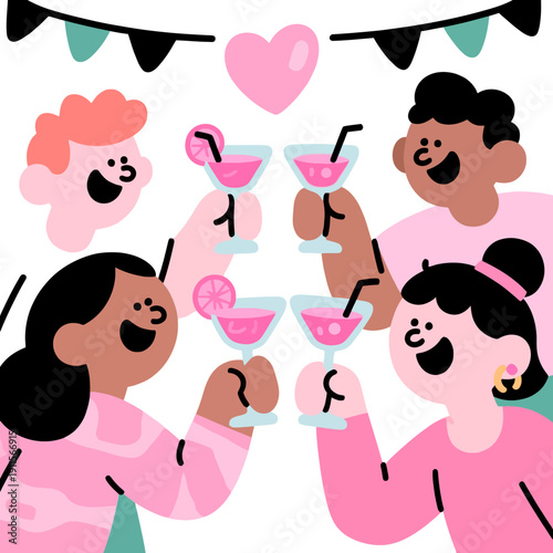 Happy group of diverse friends enjoys a festive party celebration by toasting with pink cocktails and sharing laughter in a cheerful social setting.
