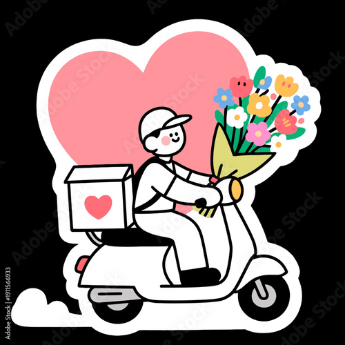This sweet sticker-style illustration shows a flower delivery on a scooter with a large heart, perfect for Valentine's Day or romantic gift service ads.
