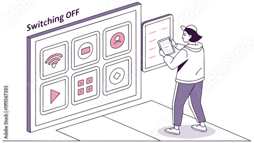 Smart Home Shutdown: An individual utilizes a digital interface to power down the components within their smart home system, embracing the concept of modern technology and convenience.