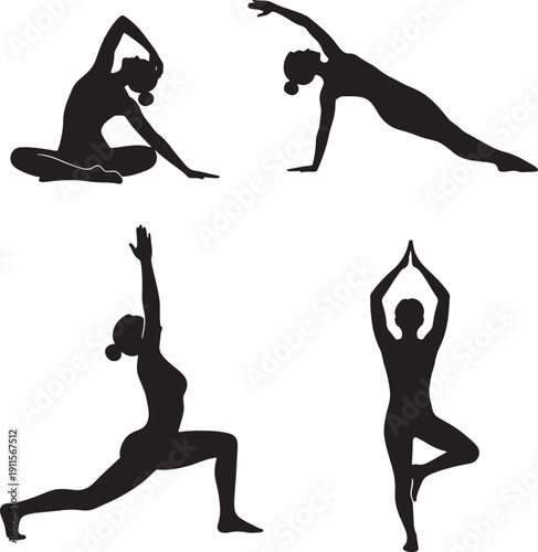 Four different yoga poses for flexibility and balance exercises isolated on white background