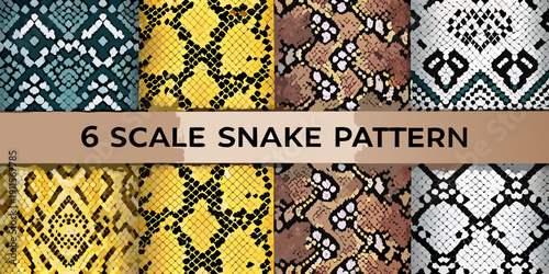 Six vibrant snake scale patterns displayed in a colorful repeating design