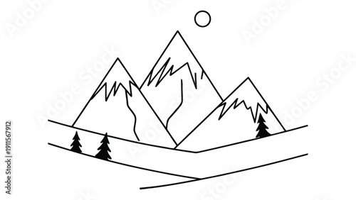 Mountain range vector illustration with snow and trees under cloudy sky