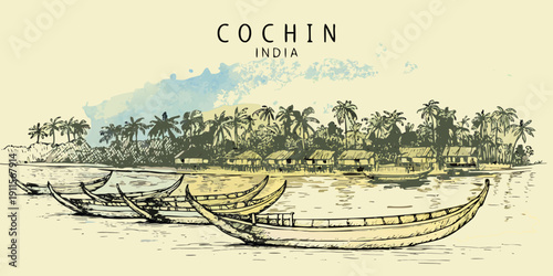 Vintage illustration of cochin india with boats and palm trees