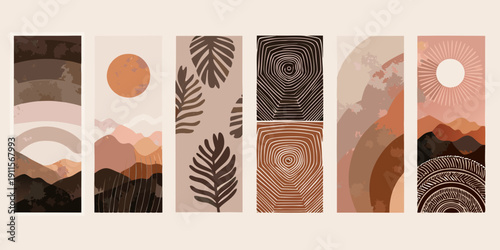 A collection of six abstract boho wall art prints in warm earthy tones