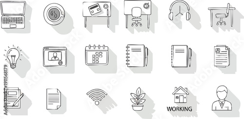 Office Supplies and Stationery Icons Set.