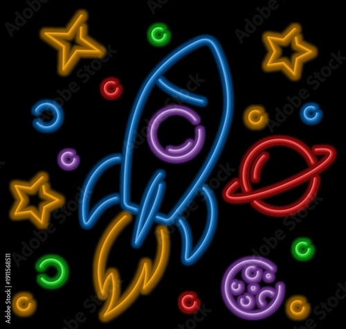 The rocket flight with planets and stars.