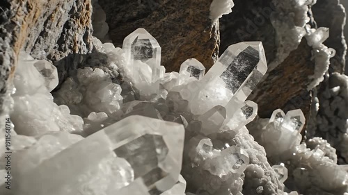 Close-up of clear quartz crystals clustered against a rugged rock surface in a cave