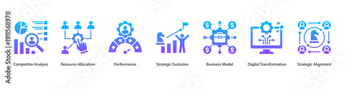 Strategic Alignment web banner vector illustration featuring Competitor Analysis, Resource Allocation, Performance, Strategic Evolution, Business Model, and Digital Transformation.