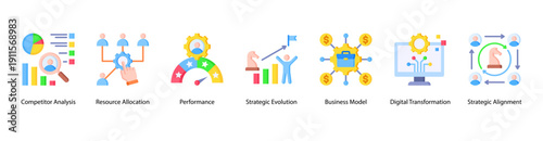 Strategic Alignment web banner vector illustration featuring Competitor Analysis, Resource Allocation, Performance, Strategic Evolution, Business Model, and Digital Transformation.