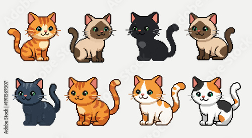cute cat pixel art set. Animal for game asset and cross stitch pattern in vector illustration.