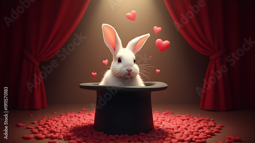 Adorable white rabbit in a top hat surrounded by pink hearts and red curtains, perfect for Valentine's Day or romantic themes.