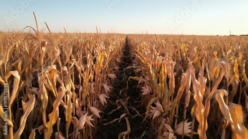 Field of mature, dried crops at dusk; a path leads into the distance
