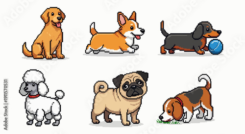 cute dog pixel art set. Animal for game asset and cross stitch pattern in vector illustration.