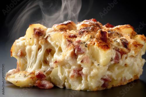 Wallpaper Mural Delicious Tartiflette Dish with Sliced Potatoes and Crispy Bacon Steaming on Isolated White Background Torontodigital.ca