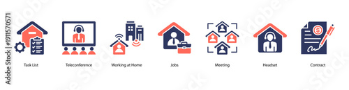 Virtual Collaboration web banner vector illustration featuring Task List, Teleconference, Working at Home, Jobs, Meeting, Headset, and Contract.