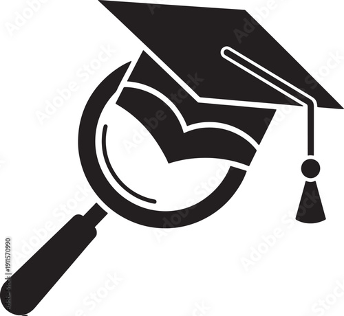 Graduation cap and magnifying glass icon for education and study  learning symbol