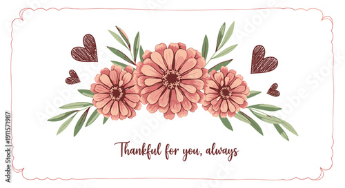 Vector floral greeting card with pink flowers and hearts isolated on transparent background