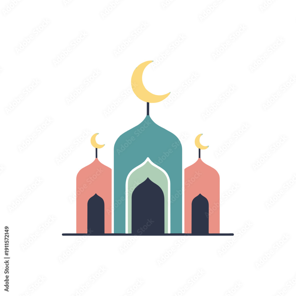 Obraz premium An illustrated mosque with crescent moon symbols above the domes and a prominent central archway, in a simple graphic style, viewed from the front.