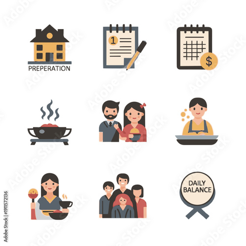 Family cooking together at home with daily meal preparation and balance