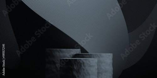3D product background. 3D geometric podium with black background for product presentation. 3D rendering illustration.