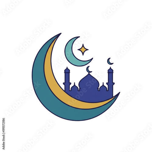 Illustration of mosque and crescent moon with stars symbolizing Islamic faith in a serene nighttime scene from a distant viewpoint, referencing 41.svg