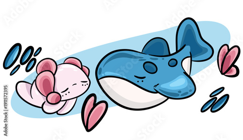 Cute Pink Axolotl and Blue Whale Illustration - Underwater Friends Cartoon Characters for Kids