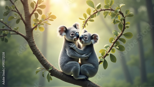 Two adorable koalas cuddling on a eucalyptus tree branch in a sunlit forest, showcasing nature's charm and wildlife beauty.
