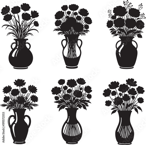 Black silhouette illustrations of bouquets in vases on white background