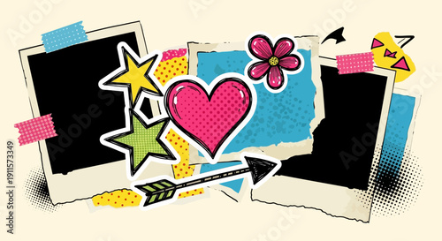 Collage of Polaroid photos with decorative elements, stickers, and hearts, showcasing creative expression and vibrant colors in a playful montage.