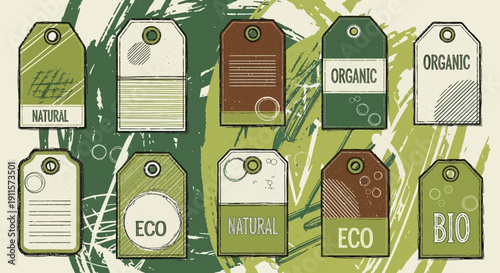 Collection of eco-friendly labels and tags on a green textured background, viewed from directly above, showcasing organic and natural product identifiers