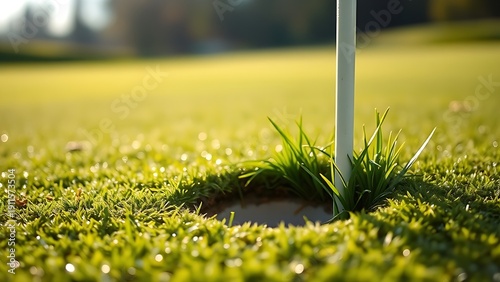 oganesson. Fresh divot mark on golf course turf with upturned grass and morning dew. real-estate listings, architecture portfolios, designed for interior renovation comparisons for interiors.