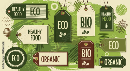 Assorted eco-friendly labels and tags with organic and healthy food themes displayed on a textured green background with various shapes and designs