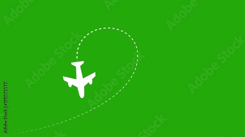 Airplane route dotted line animation on green background. journey or travel destination path motion. Flying plane icon 4k video.