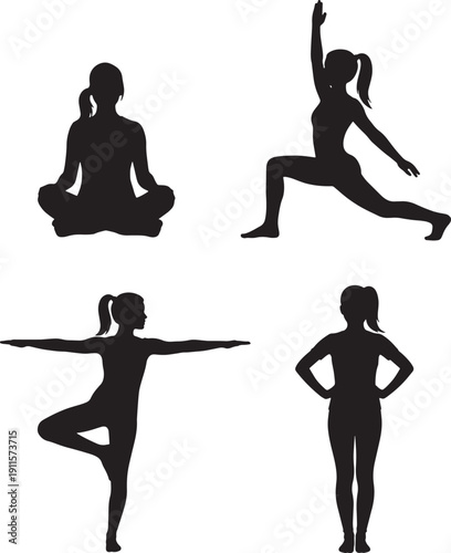 Four yoga poses by woman in various positions and stances in black silhouette